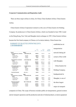 Corporate Communication and Reputation Audit




Corporate Communication and Reputation Audit


  There are three major airlines in china, Air China; China Southern Airline; China Eastern

Airline.


  China Eastern Airlines Corporation Limited is at the core of China Eastern Air Holding

Company. Its predecessor is China Eastern Airlines, which was founded in June 1988. Listed

on the Hong Kong, New York and Shanghai stock exchanges in 1997, China Eastern Airlines

became the first listed company in Chinese civil aviation industry. China Eastern has

                                                                           established an air

                                                                           transportation

                                                                           network linking all

                                                                           corners of the world

                                                                           with Shanghai.


                                                                             China Eastern Air

                                                                           Holding Company,

                                                                           headquartered in

                                                                           Shanghai, is one of

                                                                           the three largest

                                                                           major air transport

companies in China. The scope of business includes public air transportation, general aviation

and air transport operations and the production and sale of related products, aviation equipment


                                                 1
 