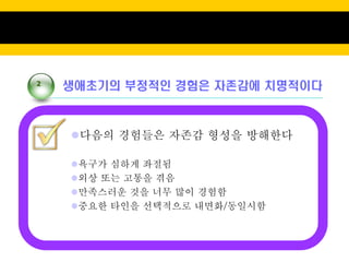 2
    생애초기의 부정적인 경험은 자존감에 치명적이다



    다음의 경험들은 자존감 형성을 방해한다

    욕구가 심하게 좌절됨
    외상 또는 고통을 겪음
    만족스러운 것을 너무 많이 경험함
    중요한 타인을 선택적으로 내면화/동일시함
 