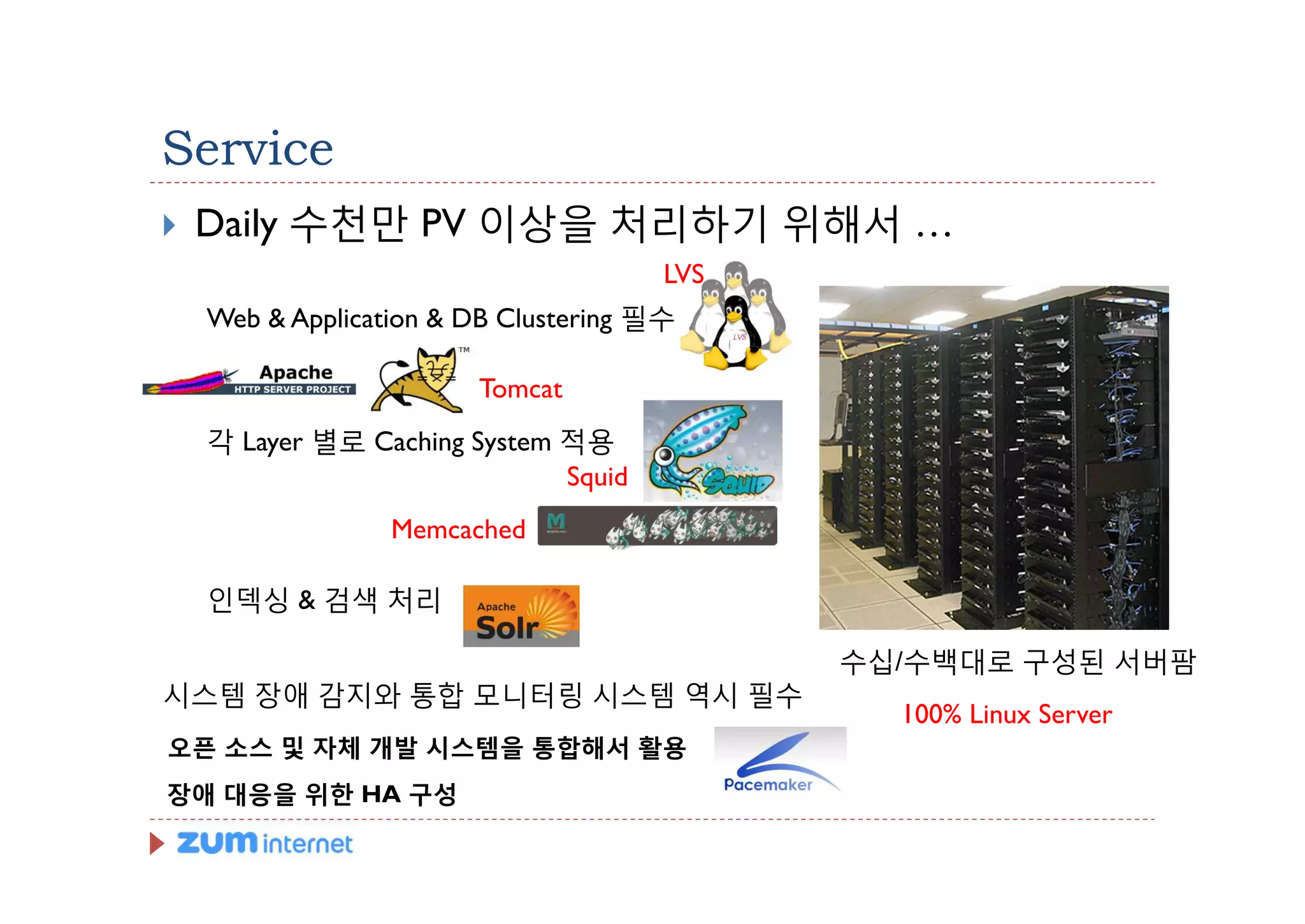 Service
}   Daily 수천만 PV 이상을 처리하기 위해서 …
                                       LVS
    Web & Application & DB Clustering 필수

                        Tomcat
    각 Layer 별로 Caching System 적용
                              Squid
                  Memcached

    인덱싱 & 검색 처리

                                             수십/수백대로 구성된 서버팜
시스템 장애 감지와 통합 모니터링 시스템 역시 필수
                                               100% Linux Server
오픈 소스 및 자체 개발 시스템을 통합해서 활용
장애 대응을 위한 HA 구성
 