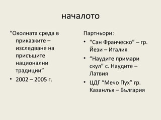 началото
“Околната среда в       Партньори:
  приказките –          • “Сан Франческо” – гр.
  изследване на           Йези – Италия
  присъщите             • “Наудите примари
  национални              скул” с. Наудите –
  традиции”               Латвия
• 2002 – 2005 г.        • ЦДГ “Мечо Пух” гр.
                          Казанлък – България
 