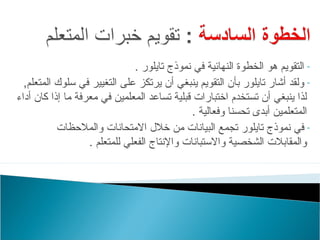 ‫- التقويم هو الخطوة النهائية في نموذج تايلور .‬
  ‫- ولقد أشار تايلور بأن التقويم ينبغي أن يرتكز على التغيير في تسلو ك المتعلم,‬
‫لذا ينبغي أن تستخدم اختبارات قبلية تساعد المعلمين في معرفة ما إذا كان أداء‬
                                               ‫المتعلمين أبدى تحسنا وفعالية .‬
            ‫- في نموذج تايلور تجمع البيانات من خلل المتحانات والملحظات‬
                    ‫والمقابلت الشخصية والتستبانات والنتاج الفعلي للمتعلم .‬
 