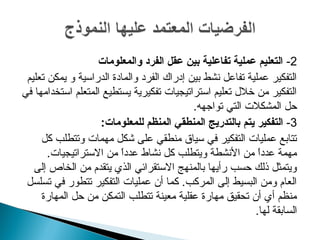 ‫2- التعليم عملية تفاعلية بين عقل الفرد لوالمعلومات‬
 ‫التفكير عملية تفاعل نشط بين إدرا ك الفرد والمادة الدراتسية و يمكن تعليم‬
‫التفكير من خلل تعليم اتستراتيجيات تفكيرية يستطيع المتعلم اتستخدامها في‬
                                              ‫حل المشكلت التي تواجهه.‬
                     ‫3- التفكير يتم بالتدريج المنطقي المنظم للمعلومات:‬
     ‫تتابع عمليات التفكير في تسياق منطقي على شكل مهمات وتتطلب كل‬
       ‫مهمة عددا من النشطة ويتطلب كل نشاط عددا من التستراتيجيات.‬
                          ‫ ً‬                                  ‫ ً‬
   ‫ويتمثل ذلك حسب رأيها بالمنهج التستقرائي الذي يتقدم من الخاص إلى‬
 ‫العام ومن البسيط إلى المركب. كما أن عمليات التفكير تتطور في تسلسل‬
     ‫منظم أي أن تحقيق مهارة عقلية معينة تتطلب التمكن من حل المهارة‬
                                                             ‫السابقة لها.‬
 