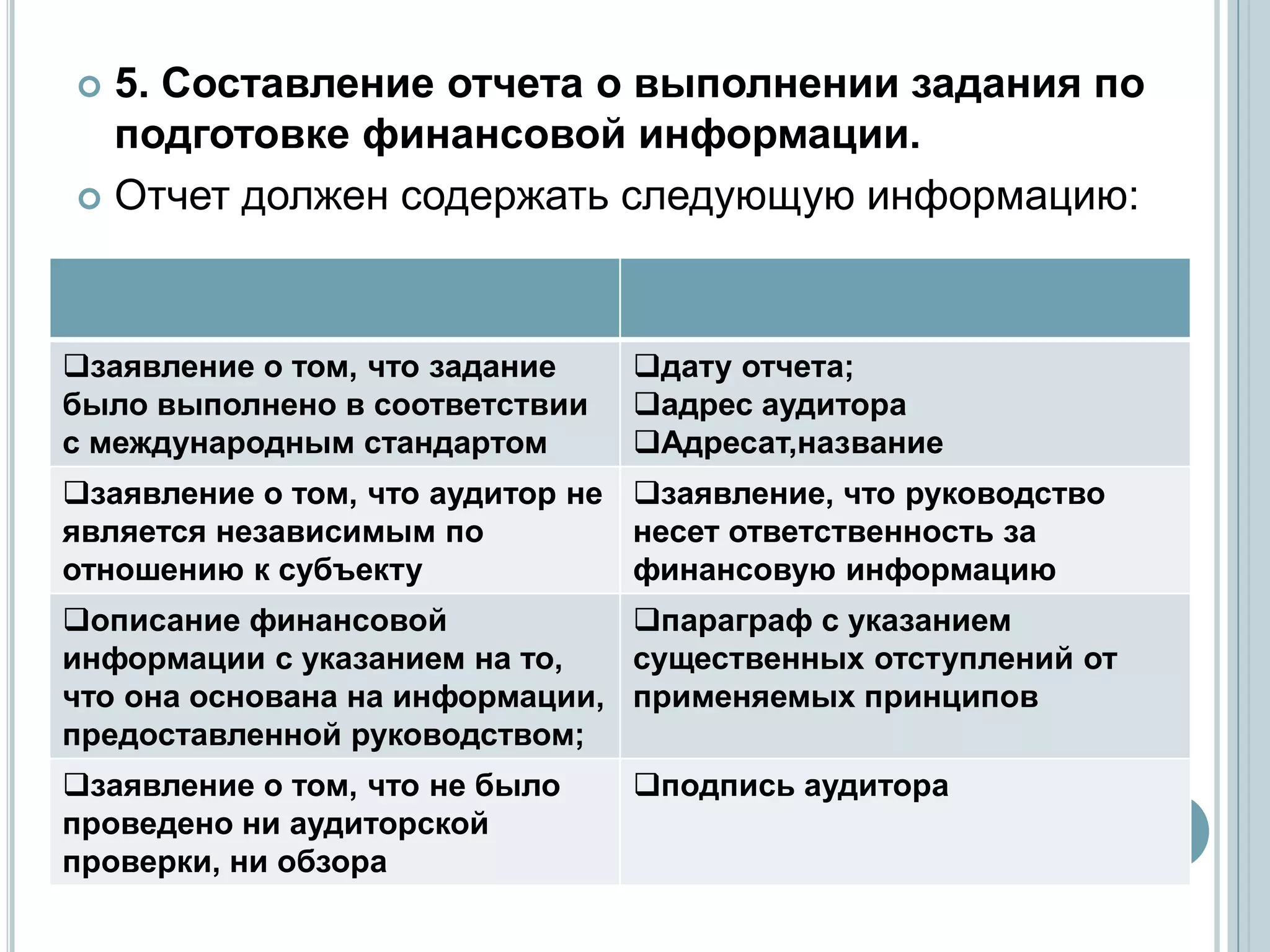  5. Составление отчета о выполнении задания по
  подготовке финансовой информации.
 Отчет должен содержать следующую информацию:




заявление о том, что задание   дату отчета;
было выполнено в соответствии   адрес аудитора
с международным стандартом      Адресат,название
заявление о том, что аудитор не заявление, что руководство
является независимым по          несет ответственность за
отношению к субъекту             финансовую информацию
описание финансовой            параграф с указанием
информации с указанием на то,   существенных отступлений от
что она основана на информации, применяемых принципов
предоставленной руководством;
заявление о том, что не было   подпись аудитора
проведено ни аудиторской
проверки, ни обзора
 