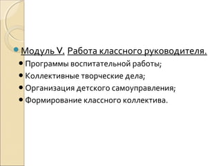 Модуль V.   Работа классного руководителя.
 ● Программы воспитательной работы;
 ● Коллективные творческие дела;
 ● Организация детского самоуправления;
 ● Формирование классного коллектива.
 