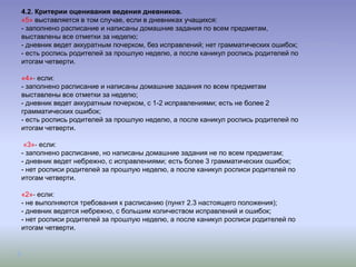 4.2. Критерии оценивания ведения дневников.
«5» выставляется в том случае, если в дневниках учащихся:
- заполнено расписание и написаны домашние задания по всем предметам,
выставлены все отметки за неделю;
- дневник ведет аккуратным почерком, без исправлений; нет грамматических ошибок;
- есть роспись родителей за прошлую неделю, а после каникул роспись родителей по
итогам четверти.

«4»- если:
- заполнено расписание и написаны домашние задания по всем предметам
выставлены все отметки за неделю;
- дневник ведет аккуратным почерком, с 1-2 исправлениями; есть не более 2
грамматических ошибок;
- есть роспись родителей за прошлую неделю, а после каникул роспись родителей по
итогам четверти.

 «3»- если:
- заполнено расписание, но написаны домашние задания не по всем предметам;
- дневник ведет небрежно, с исправлениями; есть более 3 грамматических ошибок;
- нет росписи родителей за прошлую неделю, а после каникул росписи родителей по
итогам четверти.

«2»- если:
- не выполняются требования к расписанию (пункт 2.3 настоящего положения);
- дневник ведется небрежно, с большим количеством исправлений и ошибок;
- нет росписи родителей за прошлую неделю, а после каникул росписи родителей по
итогам четверти.
 