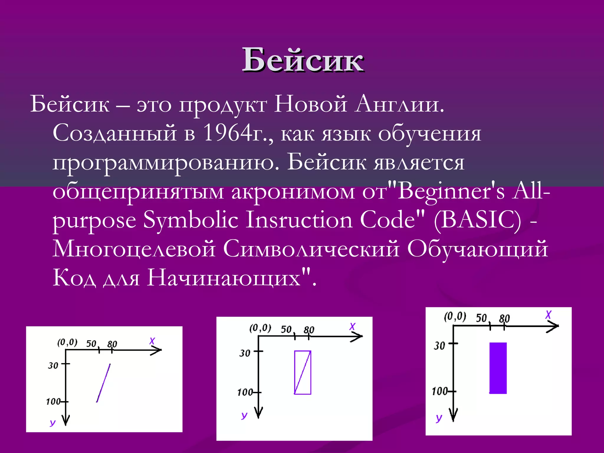 Бейсик
Бейсик – это продукт Новой Англии.
  Cозданный в 1964г., как язык обучения
  программированию. Бейсик является
  общепринятым акронимом от"Beginner's All-
  purpose Symbolic Insruction Code" (BASIC) -
  Многоцелевой Символический Обучающий
  Код для Начинающих".
 