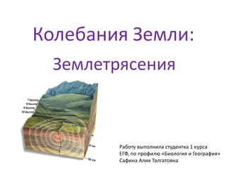 Колебания Земли:
  Землетрясения



         Работу выполнила студентка 1 курса
         ЕГФ, по профилю «Биология и География»
         Сафина Алия Талгатовна
 