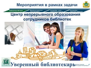 Мероприятия в рамках задачи

Центр непрерывного образования
      сотрудников библиотек




Уверенный библиотекарь
 