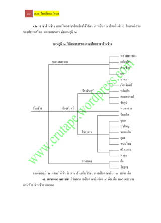 ๑๐ ภาษาไทยถิ่นตะโหมด

      ๑.๒ สาขาล้านช้ าง ภาษาไทยสาขาล้านช้างได้ววฒนาการเป็ นภาษาไทยถิ่นต่างๆ ในภาคอีสาน
                                               ิั
ของประเทศไทย และภาษาลาว ดังแผนภูมิ ๒

                      แผนภูมิ ๒ วิวฒนาการของภาษาไทยสาขาล้านช้ าง
                                   ั

                                                                           หลวงพระบาง
                        หลวงพระบาง                                         แก่นท้าว
                                                                           ด่านซ้าย
                                                                           เลย
                                                                           ทุรคม
                                                                           เวียงจันทร์
                                            เวียงจันทร์                    หล่มสัก
                                                                           คอนสวรรค์
                                                                           ชัยภูมิ
        ล้านช้าง              เวียงจันทร์                                  หนองคาย
                                                                           ร้อยเอ็ด
                                                                           อุบล
                                                                           บัวใหญ่
                                            โซะ,ลาว                        ขอนแก่น
                                                                           อุดร
                                                                           พนมไพร
                                                                           ศรี สะเกษ
                                                                           ท่าตูม
                                            สกลนคร                         ย้อ
                                                                           โคราช
        ตามแผนภูมิ ๒ แสดงให้เห็นว่า ภาษาล้านช้างวิวฒนาการเป็ นภาษาถิ่น ๓ สาขา คือ
                                                    ั
                 ๑). สาขาหลวงพระบาง วิวฒนาการเป็ นภาษาถิ่นย่อย ๔ ถิ่น คือ หลวงพระบาง
                                          ั
แก่นท้าว ด่านซ้าย และเลย
 