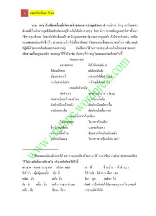 ๖    ภาษาไทยถิ่นตะโหมด

          ๔.๒ ภาษาถิ่นเป็ นเครื่ องมือในการสั่ งสอนและควบคุมสั งคม สังคมต่างๆ มี กฎระเบียบของ
สังคมที่เป็ นตัวควบคุมให้คนในสังคมอยูร่วมกันได้อย่างสงบสุ ข ในระดับประเทศมีกฎหมายที่ตราขึ้นมา
                                          ่
ใช้ควบคุ มสังคม ในระดับท้องถิ่ นแม้ว่าจะมีกฎหมายของรัฐบาลควบคุ มแล้ว ยังมีพวกสานวน ภาษิต
และเพลงกล่อมเด็กซึ่ งเป็ นวรรณกรรมถิ่ นที่มีเนื้ อหาในการสั่งสอนและชี้ แนะแนวทางในการประพฤติ
ปฏิบติตวของคนในสังคมสอดแทรกอยู่
      ั ั                                        อันเป็ นกลวิธีในการควบคุมสังคมในด้านคุณธรรมและ
จริ ยธรรมซึ่งกฎหมายมิอาจควบคุมได้ทวถึง เช่น คาสอนที่ปรากฏในเพลงกล่อมเด็กต่อไปนี้
                                       ั่
                                            เพลงดาวจาย
                                  ดาวจายเหอ                 อีเถ้านันหมันง่าย
                                                                    ่
                         ไปคบกับชาย                         เท่เมียหมันยัง
                         ทั้งแผ่นดินหนี้                    หมึงเอาให้สิ้นอีบาหยัง
                                                                               ้
                         คบกับชายเมียยัง                    หม้ายหูอ้ ีฟังเอง เหอ
                                            เพลงตัดหัวหมึง
                                  ตัดหัวเหอ                 อย่าขั้วหม้าวโครมโครม
                         ตัดหัวหมึงแลอ้ายตายโหง             หาเมียกลางคืน
                         ตัดหัวหมึงหม้ายหยัง  ่             ตัดหัวหมึงหม้ายหยื้น
                         หาเมียกลางคืน                      ตัดหัวหม้ายยื้นเหลย
                                            เพลงโลกสาวเร็ อนต็อก
                                  โลกสาวเหอ                 โลกสาวเร็ อนต็อก
                         ขึ้นนังบนคร็ อก
                               ่                            นมยานโตงเตง
                         หมันชาติข้ ีคร้าน                  ซ้อมสารก้าหม้ายเต็มเผล้ง
                         นมยานโตงเตง                        โลกสาวชาวเร็ อนต็อก เฮอ ๑


        ๑
            เป็ นเพลงกล่อมเด็กภาคใต้ ควรอ่านออกเสี ยงด้วยภาษาใต้ ภาษาเขียนบางคาอาจถ่ายทอดเสี ยง
ได้ไม่ตรงกับที่ออกเสี ยงจริ ง อธิ บายคาศัพท์ใต้ดงนี้
                                                ั
ดาวจาย – ดอกดาวกระจาย คร็ อก - ครก                   เท่ – ที่          ขั้วหม้าว - คัวข้าวเม่า
                                                                                      ่
อีเถ้านัน – ผูหญิงคนนั้น ก้า - ก็
        ่     ้                                      อีบาหยัง – อีตวการ ต็อก - ตก
                                                         ้          ั
หมัน – มัน                  หยัง - ยัง
                                 ่ ่                 โลก – ลูก          หม้าย - ไม่
ยัง – มี หยื้น – ยืน เผล้ง - ภาชนะดินเผา
                      ่                              ตัดหัว - เป็ นคาด่าใช้เรี ยกแทนนามหรื อบุคคลที่
หมึง – มึง                  เร็ อน - เรื อน          ประพฤติตวไม่ดี
                                                                  ั
 