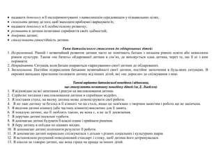 надавати допомогу в її експериментуванні з навколишнім середовищем у пізнавальних цілях;
  спонукати дитину до того, щоб знаходити проблеми і вирішувати їх;
  надавати допомогу в її особистісному розвитку;
  розвивати в дитини позитивне сприйняття своїх здібностей;
  довіряти дитині;
  стимулювати самостійність дитини.

                                  Типи батьківського ставлення до обдарованих дітей:
1. Неграмотний. Ранній і незвичайний розвиток дитини часто не помічають батьки з низьким рівнем освіти або невисоким
   рівнем культури. Також «не бачать» обдарованої дитини в сім’ях, де виховується одна дитина, через те, що її ні з ким
   порівняти.
2. Неприйняття. Ситуація, коли батьки опираються «зарахуванню» своєї дитини до обдарованих.
3. Звеличування. Постійне підкреслення батьками незвичайності своєї дитини, постійне заохочення в будь-яких ситуаціях. В
   окремих випадках прагнення ізолювати дитину від інших дітей, які «не доросли» до спілкування з нею.

                                          Типові варіанти батьківської поведінки і відносини,
                                     що стимулюють позитивну поведінку дітей (за Д. Льюїсом)
1. Я відповідаю на всі запитання і реагую на висловлювання дитини.
2. Серйозні питання і висловлювання дитини я сприймаю всерйоз.
3. Я поставив стенд, на якому дитина може демонструвати свої роботи.
4. Я не лаю дитину за безлад в її кімнаті чи на столі, якщо це пов'язано з творчим заняттям і робота ще не закінчена.
5. Я виділив дитині кімнату (або частину кімнати) виключно для її занять.
6. Я показую дитині, що її люблять такою, як вона є, а не за її досягнення.
7. Я доручаю дитині посильні турботи.
8. Я допомагаю дитині будувати її власні плани і приймати рішення.
9. Я беру дитину в поїздки по цікавих місцях.
10. Я допомагаю дитині поліпшити результат її роботи.
11. Я допомагаю дитині нормально спілкуватися з дітьми з різних соціальних і культурних шарів.
12. Я встановлюю розумний поведінковий стандарт і стежу, щоб дитина його дотримувалася.
13. Я ніколи не говорю дитині, що вона гірша чи краща за інших дітей.
 