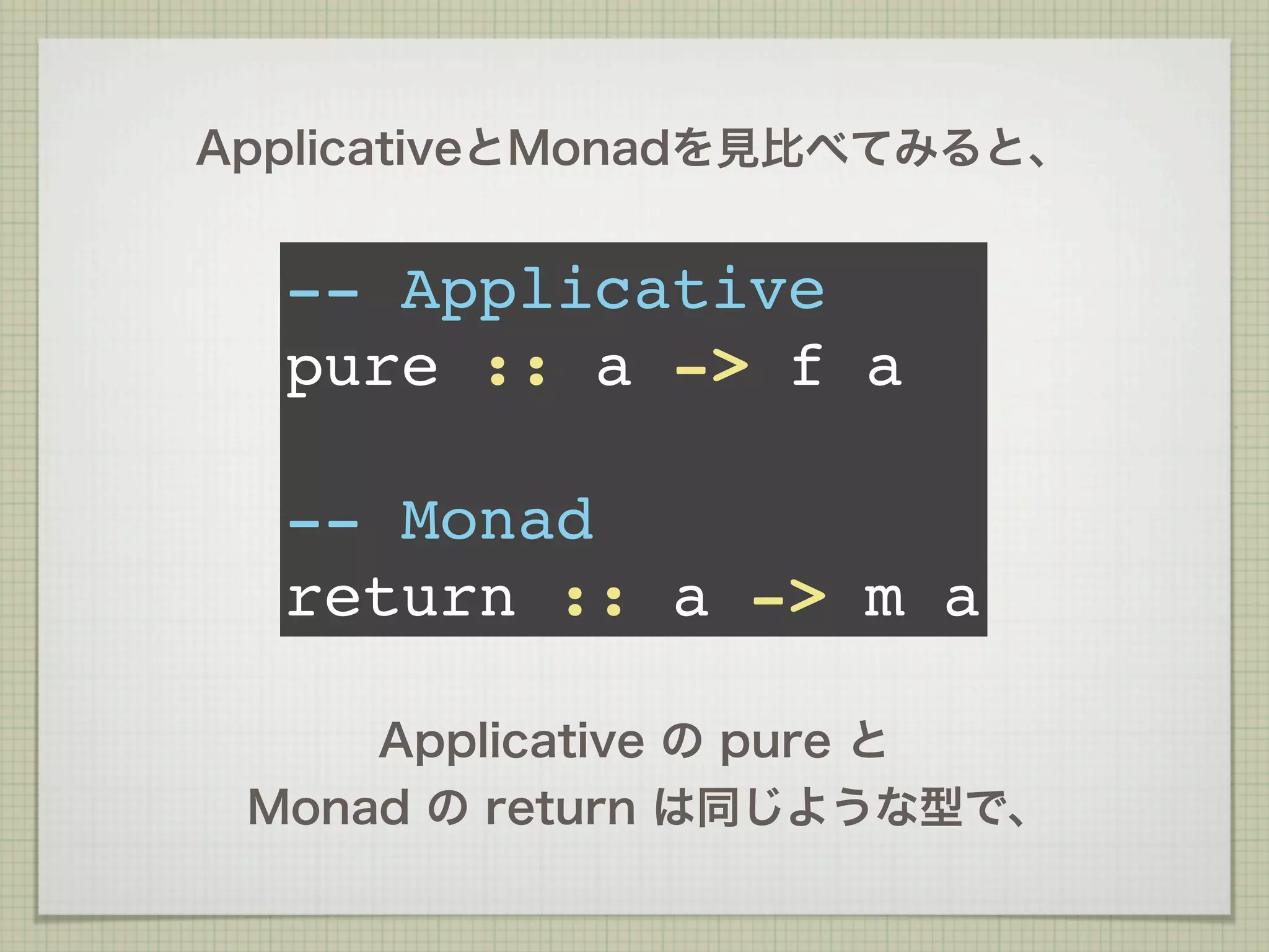 ApplicativeとMonadを見比べてみると、


  -- Applicative
  pure :: a -> f a

  -- Monad
  return :: a -> m a

     Applicative の pure と
 Monad の return は同じような型で、
 