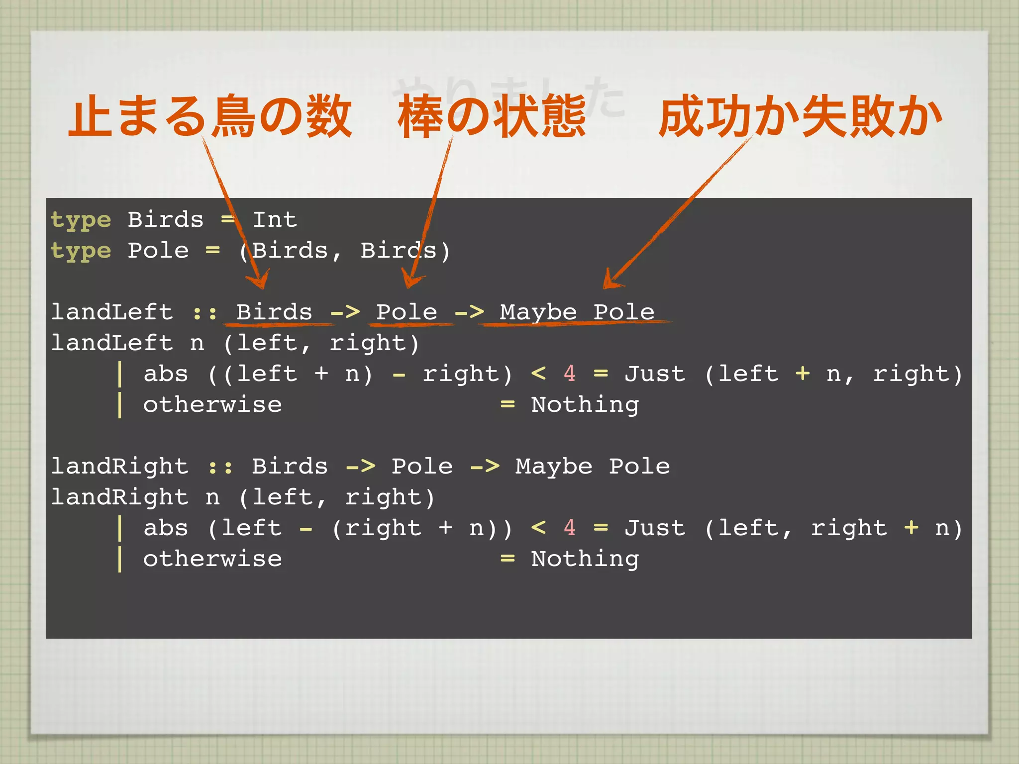やりました 成功か失敗か
 止まる鳥の数 棒の状態
type Birds = Int
type Pole = (Birds, Birds)

landLeft :: Birds -> Pole -> Maybe Pole
landLeft n (left, right)
    | abs ((left + n) - right) < 4 = Just (left + n, right)
    | otherwise              = Nothing

landRight :: Birds -> Pole -> Maybe Pole
landRight n (left, right)
    | abs (left - (right + n)) < 4 = Just (left, right + n)
    | otherwise              = Nothing
 