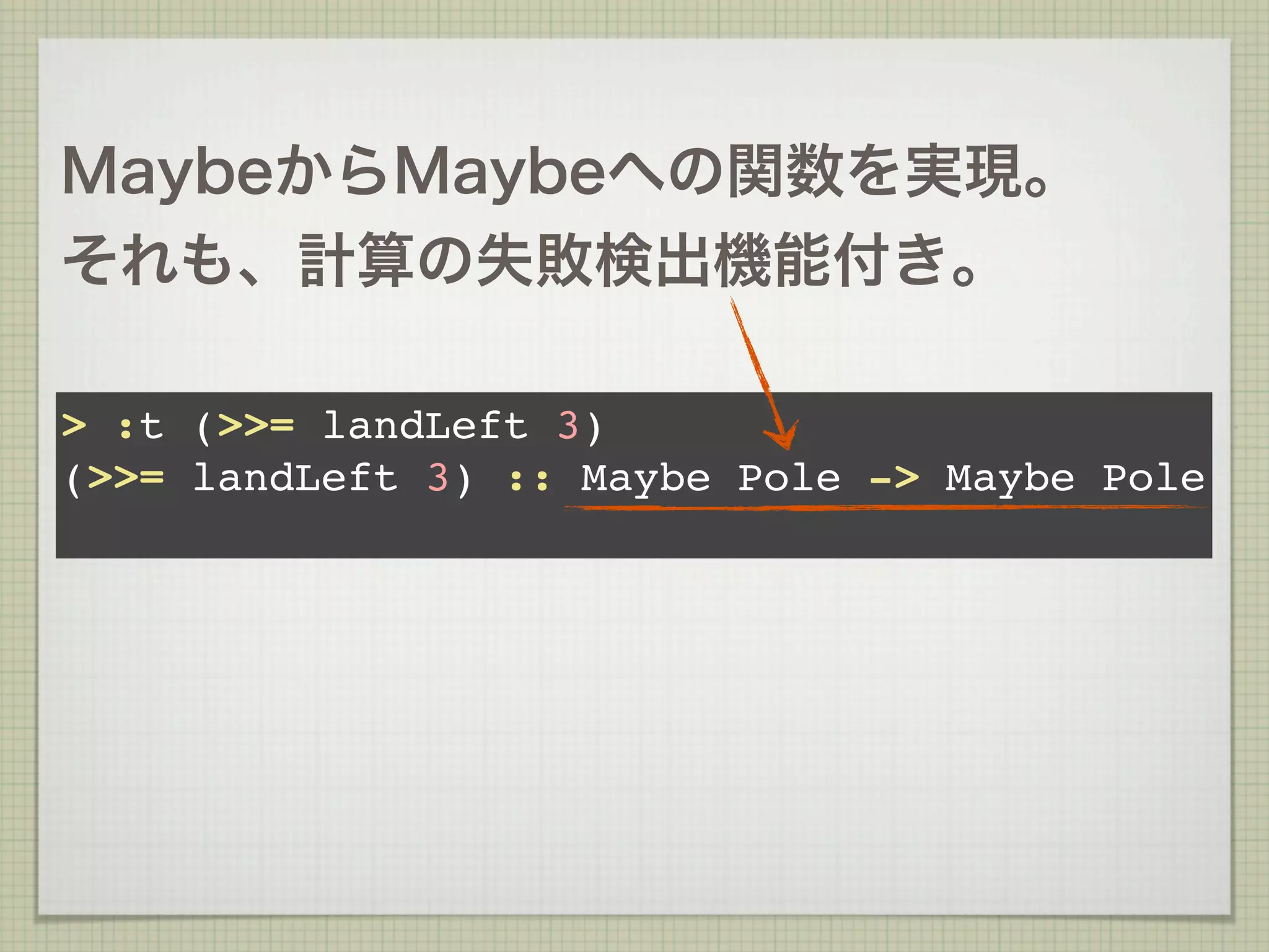 MaybeからMaybeへの関数を実現。
それも、計算の失敗検出機能付き。

> :t (>>= landLeft 3)
(>>= landLeft 3) :: Maybe Pole -> Maybe Pole
 