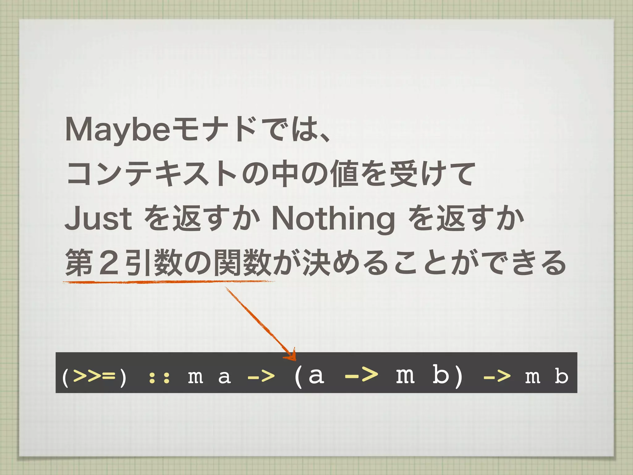 Maybeモナドでは、
コンテキストの中の値を受けて
Just を返すか Nothing を返すか
第２引数の関数が決めることができる


(>>=) :: m a ->   (a -> m b) -> m b
 