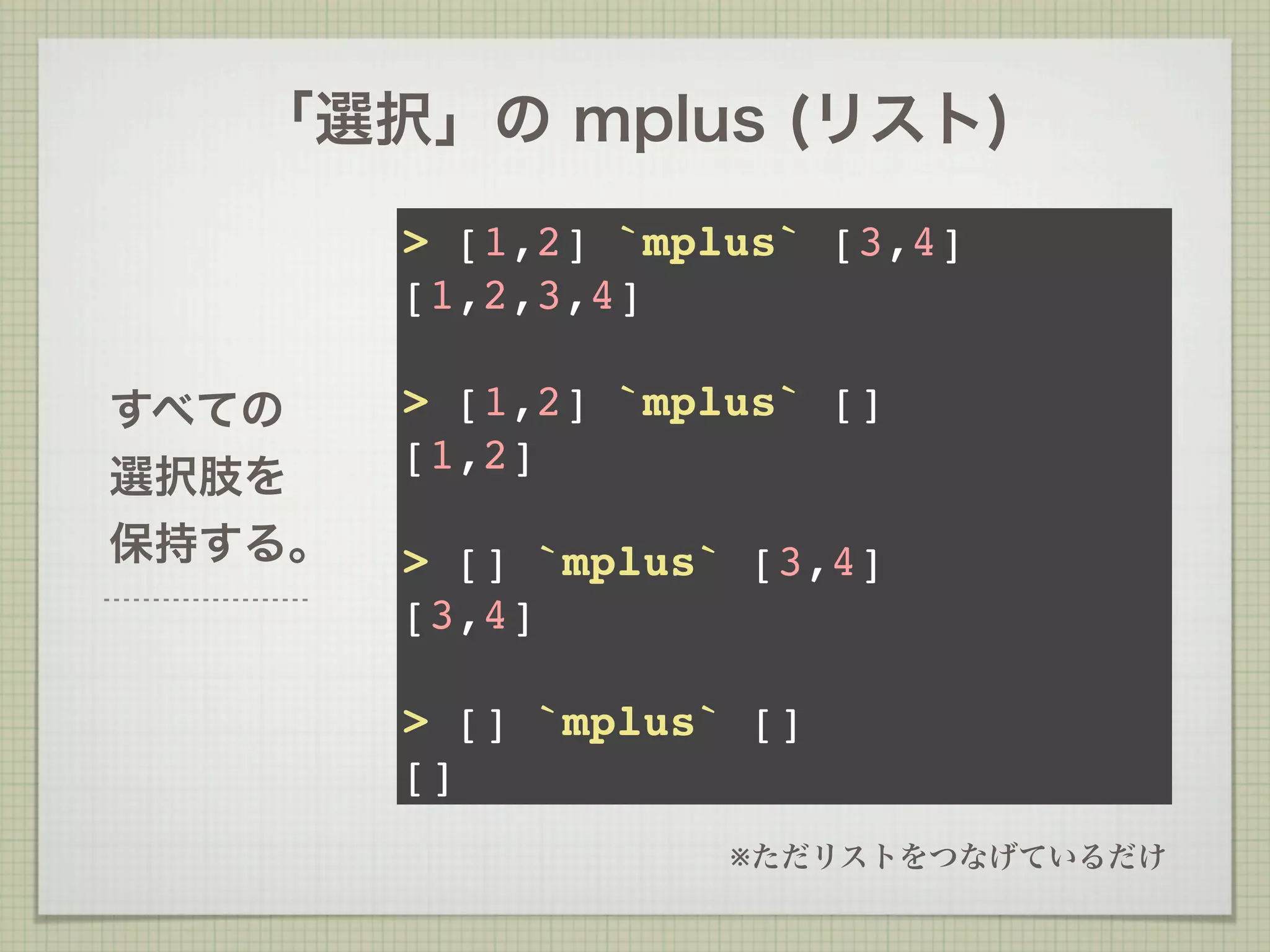 「選択」の mplus (リスト)
        > [1,2] `mplus` [3,4]
        [1,2,3,4]

すべての    > [1,2] `mplus` []
        [1,2]
選択肢を
保持する。   > [] `mplus` [3,4]
        [3,4]

        > [] `mplus` []
        []
                    ※ただリストをつなげているだけ
 