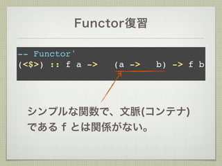 Functor復習

-- Functor'
(<$>) :: f a ->   (a ->   b) -> f b




 シンプルな関数で、文脈(コンテナ)
 である f とは関係がない。
 