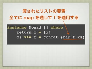 渡されたリストの要素
全てに map を通して f を適用する

instance Monad [] where
    return x = [x]
    xs >>= f = concat (map f xs)
 