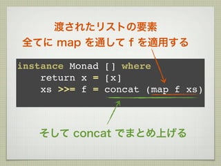 渡されたリストの要素
全てに map を通して f を適用する

instance Monad [] where
    return x = [x]
    xs >>= f = concat (map f xs)



   そして concat でまとめ上げる
 