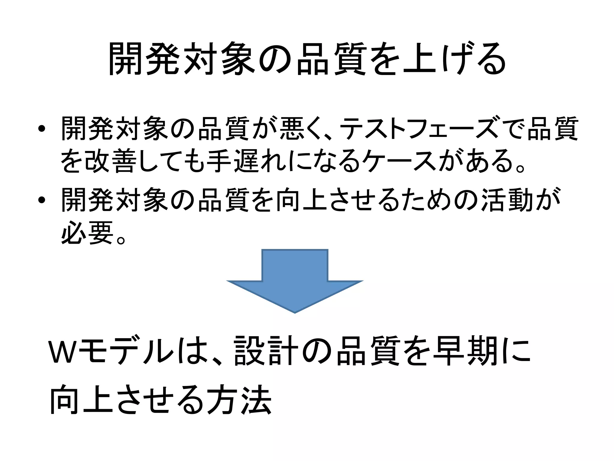 開発対象の品質を上げる	
•  開発対象の品質が悪く、テストフェーズで品質
     を改善しても手遅れになるケースがある。	
  
•  開発対象の品質を向上させるための活動が
     必要。	
  
	
  

Wモデルは、設計の品質を早期に	
  
向上させる方法	
  
 