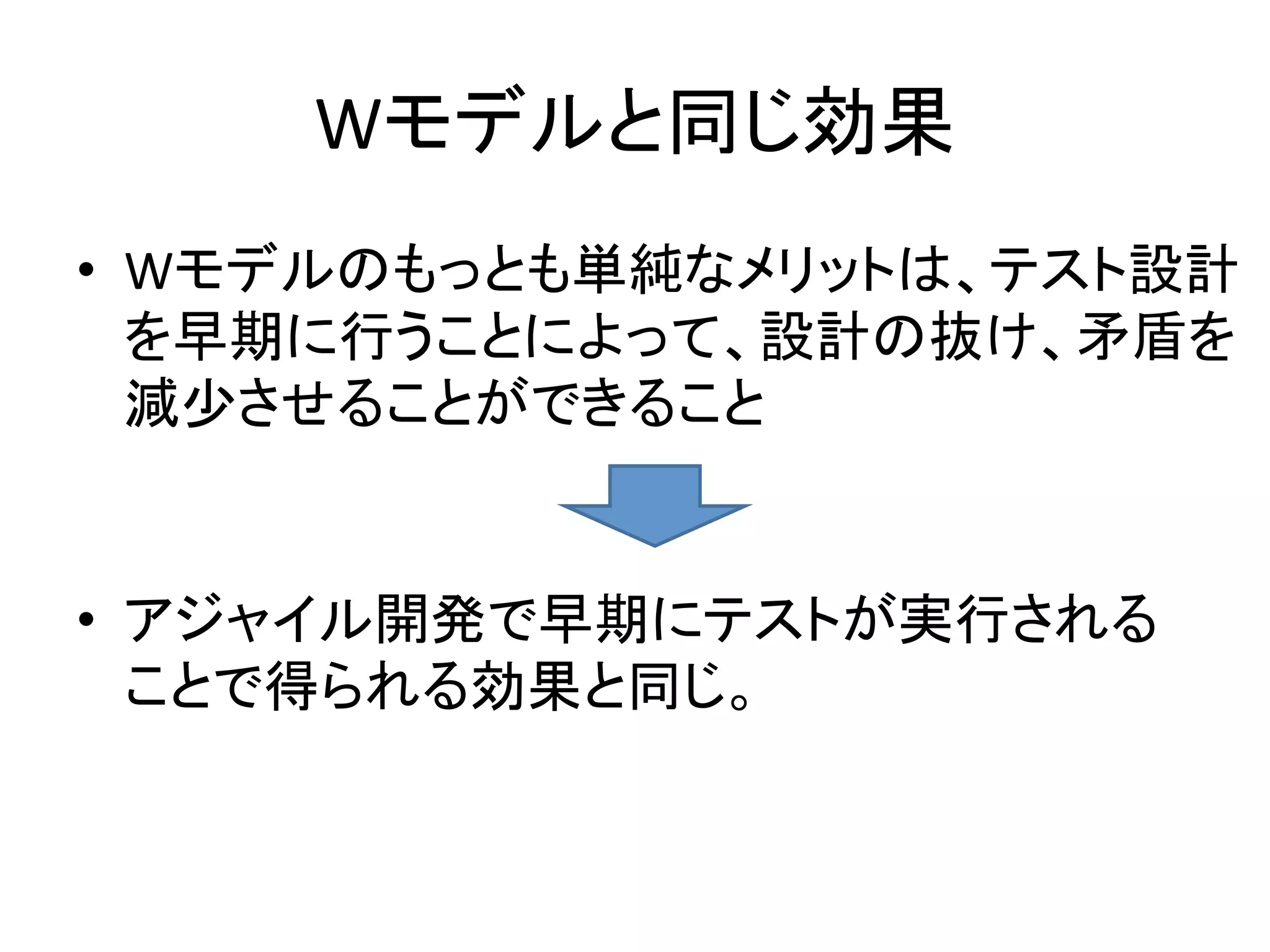 Wモデルと同じ効果	
•  Wモデルのもっとも単純なメリットは、テスト設計
   を早期に行うことによって、設計の抜け、矛盾を
   減少させることができること	
  


•  アジャイル開発で早期にテストが実行される
     ことで得られる効果と同じ。	
  
	
  
 