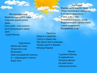 Чарівниця
                                                 Вздовж мого рідного села
                                                  Річка повноводна пролягла.
    Моя Батьківщина                              А на самім видноколі,
Водосховища срібні води,                         У селі, а не у полі
Струнких дерев зелені                            Розляглася вздовж і вшир.
ряди,                                            Водосховищем гарним стала
Синє небо і спів солов’я-                        І мене зачарувала.
Це ж Батьківщина рідна                           Бондаренко Єгор
моя!
                                       Пролісок
Сєрий Леонід
                            Навесні я зацвітаю
                            І росту я серед гаю.
             Підсніжник     Про весну всім сповіщаю,
     Квітки мої ніжні,      Людям щастя я бажаю!
     Пелюстки в них         Мяшкур Карина
     білосніжні.                                        Фіалки
     Маю мелодійний голосок,                   У далеких балках,
     Я – найкращий із квіток!                  В чарівній імлі
     Ящук Інна                                 Розцвіли фіалки
                                               На моїй землі.
                                               Аліксєєнко Антон
 