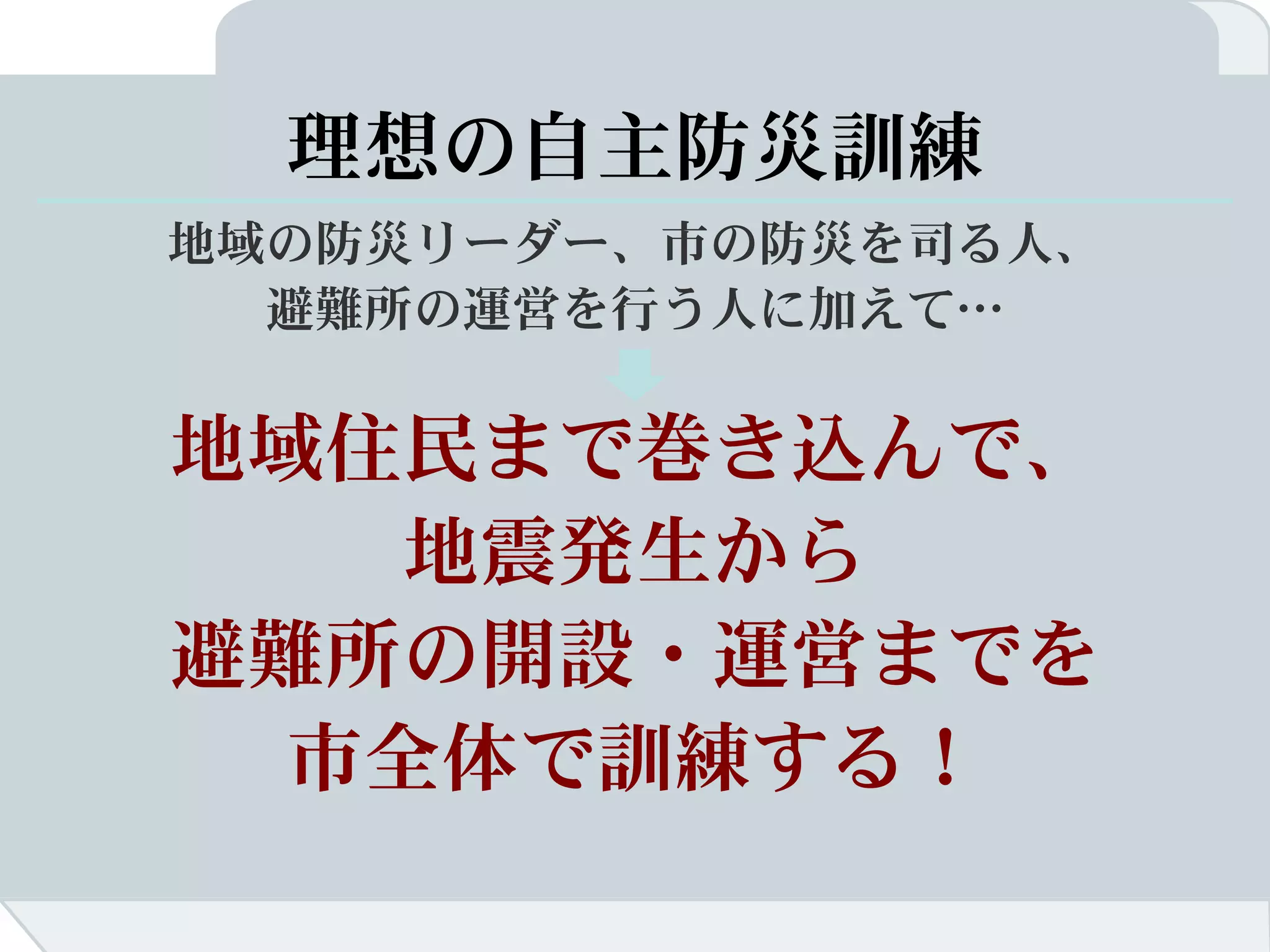理想の自主防災訓練
地域の防災リーダー、市の防災を司る人、
  避難所の運営を行う人に加えて…


地域住民まで巻き込んで、
    地震発生から
避難所の開設・運営までを
  市全体で訓練する！
 
