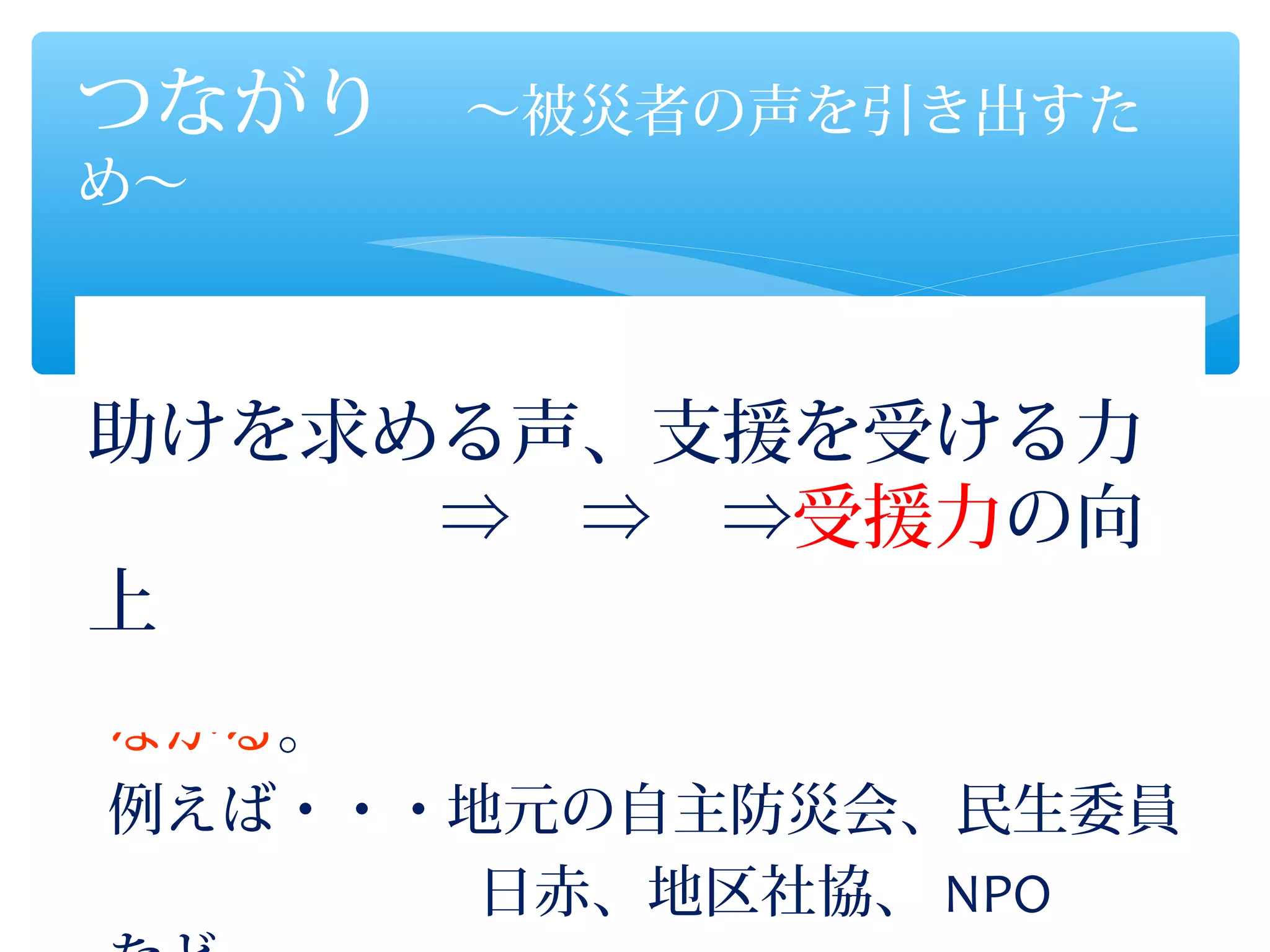つながり　～被災者の声を引き出すた
め～

福祉ニーズを吸い上げる人と
助けを求める声、支援を受ける力
　　　　　　　　　　　　　　　　　　つ
ながる。
　　　　　⇒　⇒　⇒受援力の向
展開期には人財のネットワークと
上
　　　　　　　　　　　　　　　　　　つ
ながる。
例えば・・・地元の自主防災会、民生委員
　　　　　　 日赤、地区社協、 NPO 　　
 