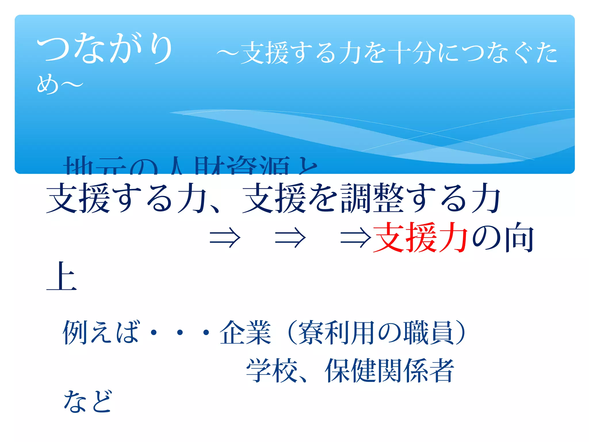 つながり　～支援する力を十分につなぐた
め～


 地元の人財資源と
支援する力、支援を調整する力
 　　　　　　　　　　　　つな
　　　　　⇒　⇒　⇒支援力の向
 がる。
上
 例えば・・・企業（寮利用の職員）
 　　　　　　　学校、保健関係者　　
 など
 
