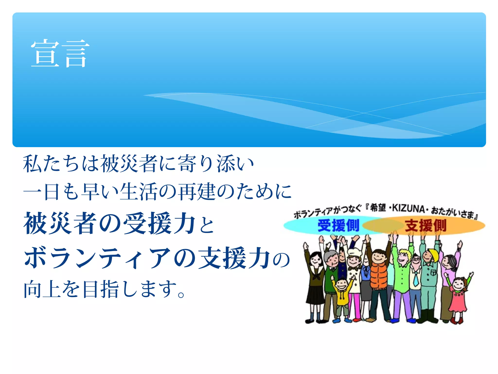 宣言


私たちは被災者に寄り添い
一日も早い生活の再建のために
被災者の受援力と
ボランティアの支援力の
向上を目指します。
 