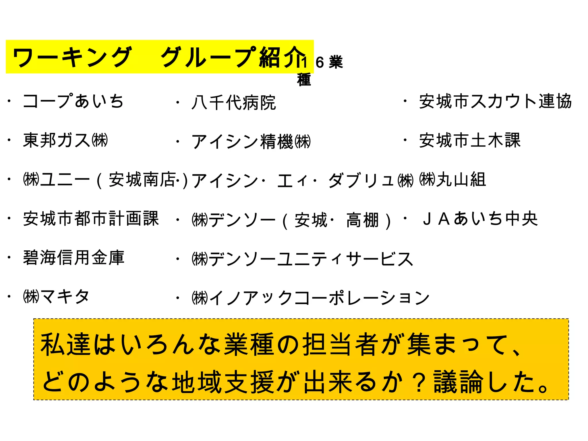 ワーキング　グループ紹介１６業
                   種
・コープあいち   ・八千代病院       ・安城市スカウト連協

・東邦ガス㈱    ・アイシン精機㈱     ・安城市土木課

・㈱ユニー（安城南店）            ・㈱丸山組
          ・アイシン・エィ・ダブリュ㈱

・安城市都市計画課 ・㈱デンソー（安城・高棚） ・ＪＡあいち中央

・碧海信用金庫   ・㈱デンソーユニティサービス

・㈱マキタ     ・㈱イノアックコーポレーション

  私達はいろんな業種の担当者が集まって、
  どのような地域支援が出来るか？議論した。
 