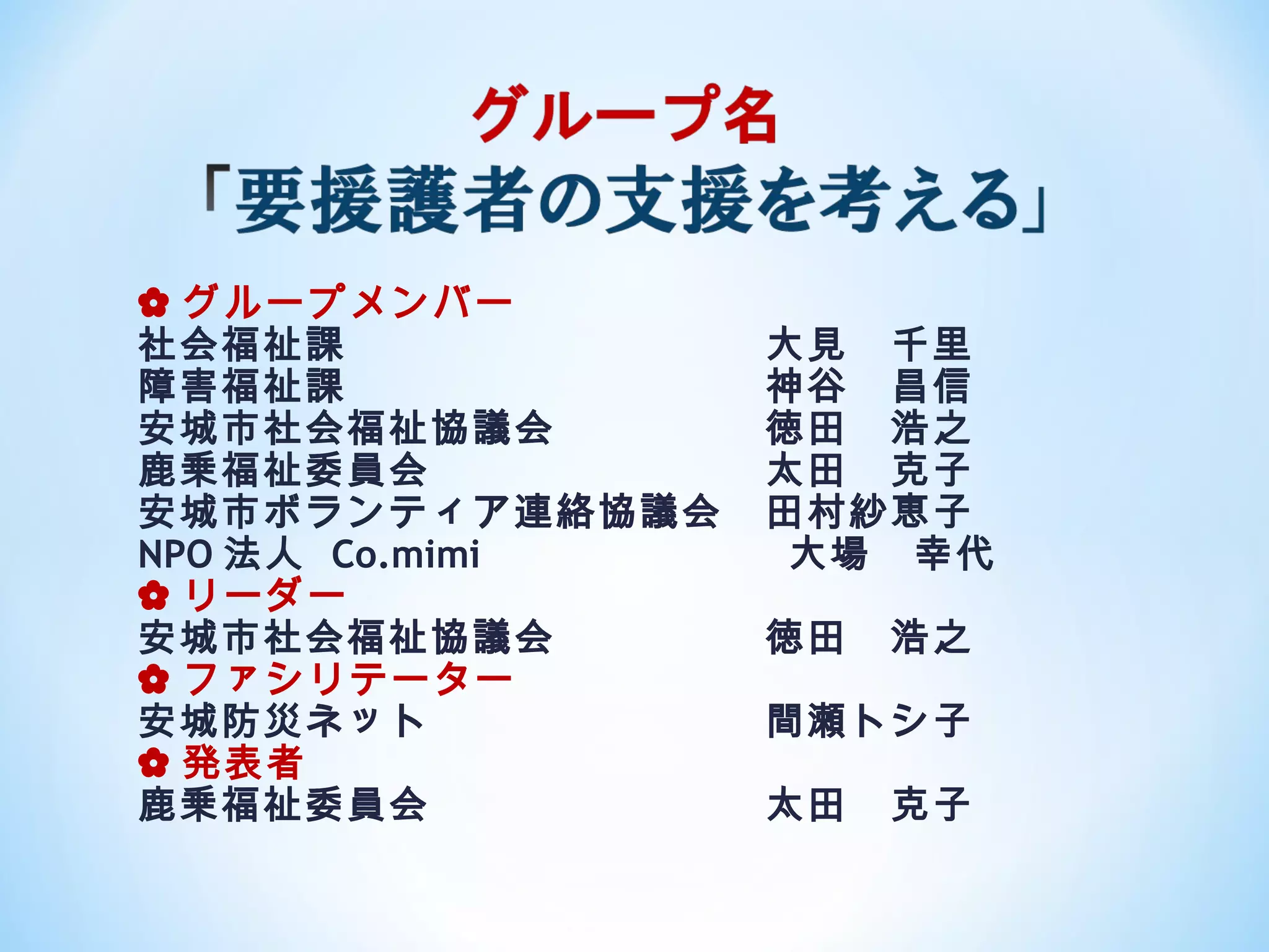 ✿ グループメンバー
社会福祉課　　　　　　　　　　大見　千里
障害福祉課　　　　　　　　　　神谷　昌信
安城市社会福祉協議会　　　　　徳田　浩之
鹿乗福祉委員会　　　　　　　　太田　克子
安城市ボランティア連絡協議会　田村紗恵子
NPO 法人 Co.mimi 　　　　　　 大場　幸代
✿ リーダー
安城市社会福祉協議会　　　　　徳田　浩之
✿ ファシリテーター
安城防災ネット　　　　　　　　間瀬トシ子
✿ 発表者
鹿乗福祉委員会　　　　　　　　太田　克子
 