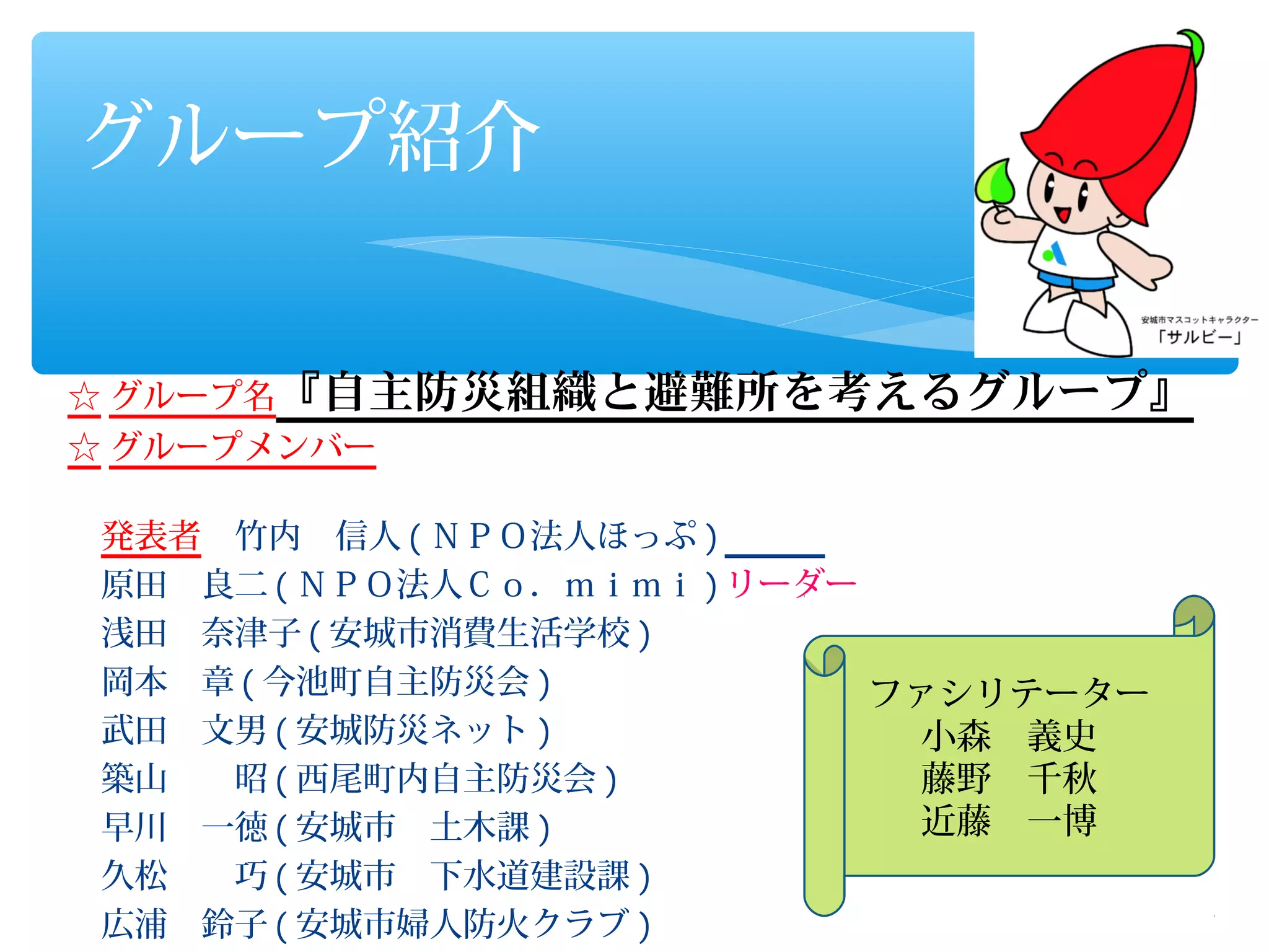 グループ紹介


☆ グループ名『自主防災組織と避難所を考えるグループ』
☆ グループメンバー　　　　　　　　　　　　　　　　　　　　　　　　　　　
　　　　　　　　　　　
　発表者　竹内　信人 ( ＮＰＯ法人ほっぷ ) 　　　
　原田　良二 ( ＮＰＯ法人Ｃｏ．ｍｉｍｉ ) リーダー
　浅田　奈津子 ( 安城市消費生活学校 )
　岡本　章 ( 今池町自主防災会 )           ファシリテーター
　武田　文男 ( 安城防災ネット )             小森　義史
　築山　　昭 ( 西尾町内自主防災会 )           藤野　千秋
　早川　一徳 ( 安城市　土木課 )             近藤　一博
　久松　　巧 ( 安城市　下水道建設課 )
　広浦　鈴子 ( 安城市婦人防火クラブ )
 
