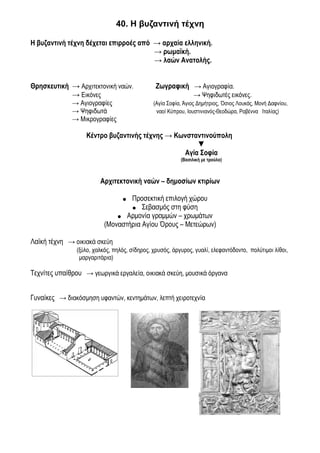 40. Η βυζαντινή τέχνη

Η βυζαντινή τέχνη δέχεται επιρροές από → αρχαία ελληνική.
                                       → ρωμαϊκή.
                                       → λαών Ανατολής.


Θρησκευτική → Αρχιτεκτονική ναών.              Ζωγραφική → Αγιογραφία.
            → Εικόνες                                          → Ψηφιδωτές εικόνες.
              → Αγιογραφίες                   (Αγία Σοφία, Άγιος Δημήτριος, Όσιος Λουκάς, Μονή Δαφνίου,
              → Ψηφιδωτά                       ναοί Κύπρου, Ιουστινιανός-Θεοδώρα, Ραβέννα Ιταλίας)
              → Μικρογραφίες

                   Κέντρο βυζαντινής τέχνης → Κωνσταντινούπολη
                                                    ▼
                                                Αγία Σοφία
                                                         (Βασιλική με τρούλο)



                        Αρχιτεκτονική ναών – δημοσίων κτιρίων

                                 ●Προσεκτική επιλογή χώρου
                                  ● Σεβασμός στη φύση
                              ● Αρμονία γραμμών – χρωμάτων
                          (Μοναστήρια Αγίου Όρους – Μετεώρων)

Λαϊκή τέχνη → οικιακά σκεύη
               (ξύλο, χαλκός, πηλός, σίδηρος, χρυσός, άργυρος, γυαλί, ελεφαντόδοντο, πολύτιμοι λίθοι,
                μαργαριτάρια)

Τεχνίτες υπαίθρου → γεωργικά εργαλεία, οικιακά σκεύη, μουσικά όργανα


Γυναίκες → διακόσμηση υφαντών, κεντημάτων, λεπτή χειροτεχνία
 