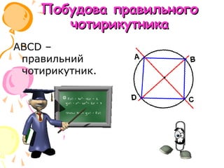 Побудова правильного
       чотирикутника
ABCD –
 правильний
 чотирикутник.
 