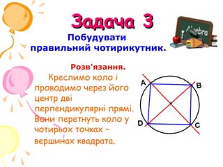 Задача 3
      Побудувати
правильний чотирикутник.

        Розв'язання.
   Креслимо коло і
проводимо через його
центр дві
перпендикулярні прямі.
Вони перетнуть коло у
чотирьох точках –
вершинах квадрата.
 