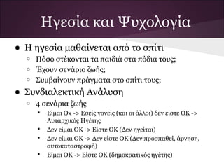 Ηγεσία και Ψυχολογία
• Η ηγεσία μαθαίνεται από το σπίτι
o Πόσο στέκονται τα παιδιά στα πόδια τους;
o Έχουν σενάριο ζωής;
o Συμβαίνουν πράγματα στο σπίτι τους;
• Συνδιαλεκτική Ανάλυση
o 4 σενάρια ζωής
 Είμαι Οκ -> Εσείς γονείς (και οι άλλοι) δεν είστε ΟΚ ->
Αυταρχικός Ηγέτης
 Δεν είμαι ΟΚ -> Είστε ΟΚ (Δεν ηγείται)
 Δεν είμαι ΟΚ -> Δεν είστε ΟΚ (Δεν προσπαθεί, άρνηση,
αυτοκαταστροφή)
 Είμαι ΟΚ -> Είστε ΟΚ (δημοκρατικός ηγέτης)
 