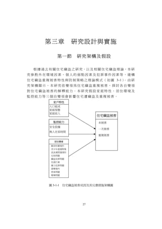 第三章            研究設計與實施

                第一節      研究架構及假設

   根 據 過 去 有 關 住 宅 竊 盜 之 研 究，以 及 相 關 住 宅 竊 盜 理 論，本 研
究參酌外在環境因素、個人的弱點因素及犯罪事件因素等，建構
住 宅 竊 盜 重 複 被 害 特 性 與 防 制 策 略 之 理 論 模 式 （ 如 圖 3-1） 由 研
                                                  。
究架構顯示，本研究依變項為住宅竊盜重複被害，探討各自變項
對住宅竊盜被害的解釋能力。本研究假設家庭特性、居住環境及
監控能力等三個自變項會影響住宅遭竊盜及重複被害。
              家戶特性
           人口組成
           家庭型態
           家庭收入
                                   住宅竊盜被害
              監控能力                 未被害
           安全設備
                                   一次被害
           無人在家時間
                                   重複被害

              居住環境
            鄰居吵雜情形
            青少年遊蕩聚集
            流浪漢閒蕩情形
            垃圾問題
            竊盜犯罪問題
            色情行業
            暴力犯罪問題
            遊樂場所
            停車問題
            賭博問題



           圖 3-1-1   住宅竊盜被害成因及其反應措施架構圖




                           27
 