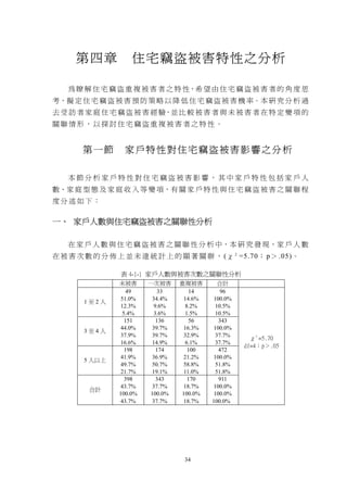 第四章            住宅竊盜被害特性之分析

   為 瞭 解 住 宅 竊 盜 重 複 被 害 者 之 特 性，希 望 由 住 宅 竊 盜 被 害 者 的 角 度 思
考，擬 定 住 宅 竊 盜 被 害 預 防 策 略 以 降 低 住 宅 竊 盜 被 害 機 率。本 研 究 分 析 過
去 受 訪 者 家 庭 住 宅 竊 盜 被 害 經 驗，並 比 較 被 害 者 與 未 被 害 者 在 特 定 變 項 的
關聯情形，以探討住宅竊盜重複被害者之特性。


       第一節        家戶特性對住宅竊盜被害影響之分析

   本節分析家戶特性對住宅竊盜被害影響，其中家戶特性包括家戶人
數、家 庭 型 態 及 家 庭 收 入 等 變 項，有 關 家 戶 特 性 與 住 宅 竊 盜 被 害 之 關 聯 程
度分述如下：

一、 家戶人數與住宅竊盜被害之關聯性分析

   在 家 戶 人 數 與 住 宅 竊 盜 被 害 之 關 聯 性 分 析 中，本 研 究 發 現，家 戶 人 數
在 被 害 次 數 的 分 佈 上 並 未 達 統 計 上 的 顯 著 關 聨 ， (χ 2 =5.70； p＞ .05)。

                 表 4-1-1 家戶人數與被害次數之關聯性分析
                未被害      一次被害     重複被害       合計
                   49       33       14       96
                 51.0%    34.4%    14.6%   100.0%
       1至2人
                 12.3%    9.6%     8.2%     10.5%
                 5.4%     3.6%     1.5%     10.5%
                  151      136       56       343
                 44.0%    39.7%    16.3%   100.0%
       3至4人
                 37.9%    39.7%    32.9%    37.7%      χ2 =5.70
                 16.6%    14.9%    6.1%     37.7%
                                                     df=4；p＞.05
                  198      174      100       472
                 41.9%    36.9%    21.2%   100.0%
       5 人以上
                 49.7%    50.7%    58.8%    51.8%
                 21.7%    19.1%    11.0%    51.8%
                  398      343      170       911
                 43.7%    37.7%    18.7%   100.0%
         合計
                100.0%   100.0%   100.0%    100.0%
                 43.7%    37.7%    18.7%   100.0%




                                   34
 