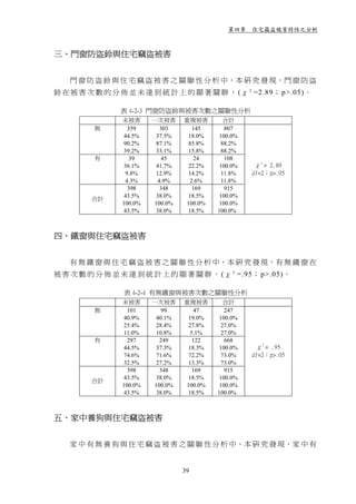第四章 住宅竊盜被害特性之分析



三、門窗防盜鈴與住宅竊盜被害


   門 窗 防 盜 鈴 與 住 宅 竊 盜 被 害 之 關 聯 性 分 析 中，本 研 究 發 現，門 窗 防 盜
鈴 在 被 害 次 數 的 分 佈 並 未 達 到 統 計 上 的 顯 著 關 聨 ， (χ 2 =2.89； p>.05)。

                表 4-2-3 門窗防盜鈴與被害次數之關聯性分析
                未被害      一次被害     重複被害        合計
         無        359      303      145       807
                 44.5%    37.5%    18.0%   100.0%
                 90.2%    87.1%    85.8%    88.2%
                 39.2%    33.1%    15.8%    88.2%
         有         39       45       24       108
                 36.1%    41.7%    22.2%   100.0%     χ2 = 2.89
                 9.8%     12.9%    14.2%     11.8%   df=2；p>.05
                 4.3%     4.9%     2.6%      11.8%
                  398      348      169       915
                 43.5%    38.0%    18.5%   100.0%
         合計
                100.0%   100.0%   100.0%    100.0%
                 43.5%    38.0%    18.5%   100.0%



四、鐵窗與住宅竊盜被害


   有 無 鐵 窗 與 住 宅 竊 盜 被 害 之 關 聯 性 分 析 中，本 研 究 發 現，有 無 鐵 窗 在
被 害 次 數 的 分 佈 並 未 達 到 統 計 上 的 顯 著 關 聨 ， (χ 2 =.95； p>.05)。

                 表 4-2-4 有無鐵窗與被害次數之關聯性分析
                未被害      一次被害     重複被害       合計
         無        101       99       47       247
                 40.9%    40.1%    19.0%   100.0%
                 25.4%    28.4%    27.8%    27.0%
                 11.0%    10.8%    5.1%     27.0%
         有        297      249      122       668
                 44.5%    37.3%    18.3%   100.0%     χ2 = .95
                 74.6%    71.6%    72.2%    73.0%    df=2；p>.05
                 32.5%    27.2%    13.3%    73.0%
                  398      348      169       915
                 43.5%    38.0%    18.5%   100.0%
         合計
                100.0%   100.0%   100.0%    100.0%
                 43.5%    38.0%    18.5%   100.0%



五、家中養狗與住宅竊盜被害


   家 中 有 無 養 狗 與 住 宅 竊 盜 被 害 之 關 聯 性 分 析 中，本 研 究 發 現，家 中 有


                                  39
 