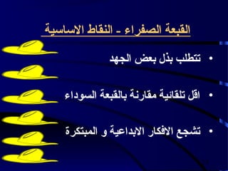 ‫القبعة الصفراء - النقاط الساسية‬

              ‫• تتطلب بذل بعض الجهد‬

    ‫• اقل تلقائية مقارنة بالقبعة السوداء‬

    ‫• تشجع الفكار البداعية و المبتكرة‬

                                     ‫32‬
 