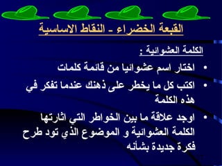 ‫القبعة الخضراء - النقاط الساسية‬
                           ‫الكلمة العشوائية :‬
        ‫• اختار اسم عشوائيا من قائمة كلمات‬
‫• اكتب كل ما يخطر على ذهنك عندما تفكر في‬
                                  ‫هذه الكلمة‬
    ‫• اوجد علقة ما بين الخوافطر التي اثارتها‬
‫الكلمة العشوائية و الموضوع الذي تود فطرح‬
                          ‫فكرة جديدة بشأنه‬
                                          ‫72‬
 