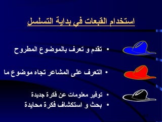‫استخدام القبعات في بداية التسلسل‬

   ‫• تقدم و تعرف بالموضوع المطروح‬

‫• التعرف على المشاعر تجاه موضوع ما‬

        ‫• توفير معلومات عن فكرة جديدة‬
      ‫• بحث و استكشاف فكرة محايدة‬
                                          ‫34‬
 
