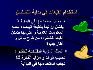 ‫استخدام القبعات في بداية التسلسل‬
   ‫• تجنب استخدامها في البداية اذ‬
‫يفضل ان تبدأ بالقبعة البيضاء لجمع‬
‫المعلومات اللزمة و التي بها تتمكن‬
  ‫القبعة الخضراء من فطرح بدائل و‬
                       ‫افكار جديدة‬
 ‫• تمثل الرؤية التقليدية لتفكير و‬
  ‫تحجب فوائد و مزايا الفكرة لذا‬
      ‫تجنب استخدامها في البداية‬      ‫54‬
 