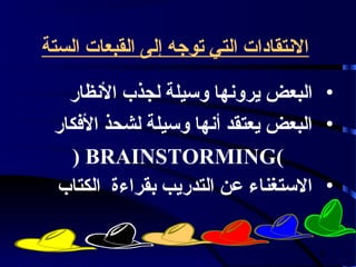 ‫النتقادات التي توجه إلى القبعات الستة‬

   ‫• البعض يرونها وسيلة لجذب النظار‬
 ‫• البعض يعتقد أنها وسيلة لشحذ الفكار‬
    ‫)‪( BRAINSTORMING‬‬
 ‫• الستغناء عن التدريب بقراءة الكتاب‬

                                        ‫6‬
 