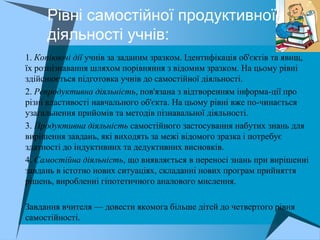 Рівні самостійної продуктивної
        діяльності учнів:
 1. Копіюючі дії учнів за заданим зразком. Ідентифікація об'єктів та явищ,
  їх розпізнавання шляхом порівняння з відомим зразком. На цьому рівні
  здійснюється підготовка учнів до самостійної діяльності.
 2. Репродуктивна діяльність, пов'язана з відтворенням інформа­ції про
  різні властивості навчального об'єкта. На цьому рівні вже по­чинається
  узагальнення прийомів та методів пізнавальної діяльності.
 3. Продуктивна діяльність самостійного застосування набутих знань для
  вирішення завдань, які виходять за межі відомого зразка і потребує
  здатності до індуктивних та дедуктивних висновків.
 4. Самостійна діяльність, що виявляється в переносі знань при вирішенні
  завдань в істотно нових ситуаціях, складанні нових програм прийняття
  рішень, виробленні гіпотетичного аналового мислення.

 Завдання вчителя — довести якомога більше дітей до четвертого рівня
   самостійності.
 