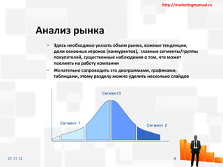 http://marketingmanual.ru




           Анализ рынка
            – Здесь необходимо указать объем рынка, важные тенденции,
              доли основных игроков (конкурентов), главные сегменты/группы
              покупателей, существенные наблюдения о том, что может
              повлиять на работу компании
            – Желательно сопроводить это диаграммами, графиками,
              таблицами, этому разделу можно уделить несколько слайдов


                                  Сегмент3




                 Сегмент 1
                                                     Сегмент 2




21.11.12                                                         4
 
