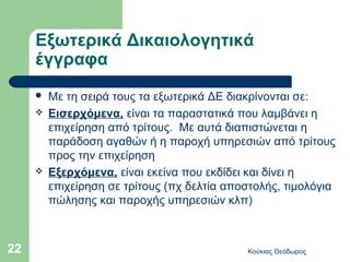 Εξωτερικά Δικαιολογητικά
     έγγραφα
        Με τη σειρά τους τα εξωτερικά ΔΕ διακρίνονται σε:
        Εισερχόμενα, είναι τα παραστατικά που λαμβάνει η
         επιχείρηση από τρίτους. Με αυτά διαπιστώνεται η
         παράδοση αγαθών ή η παροχή υπηρεσιών από τρίτους
         προς την επιχείρηση
        Εξερχόμενα, είναι εκείνα που εκδίδει και δίνει η
         επιχείρηση σε τρίτους (πχ δελτία αποστολής, τιμολόγια
         πώλησης και παροχής υπηρεσιών κλπ)



22                                           Κούκιας Θεόδωρος
 