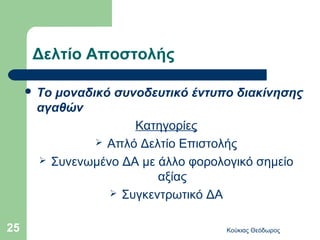 Δελτίο Αποστολής

      Τομοναδικό συνοδευτικό έντυπο διακίνησης
      αγαθών
                     Κατηγορίες
                Απλό Δελτίο Επιστολής
       Συνενωμένο ΔΑ με άλλο φορολογικό σημείο
                         αξίας
                  Συγκεντρωτικό ΔΑ


25                                 Κούκιας Θεόδωρος
 