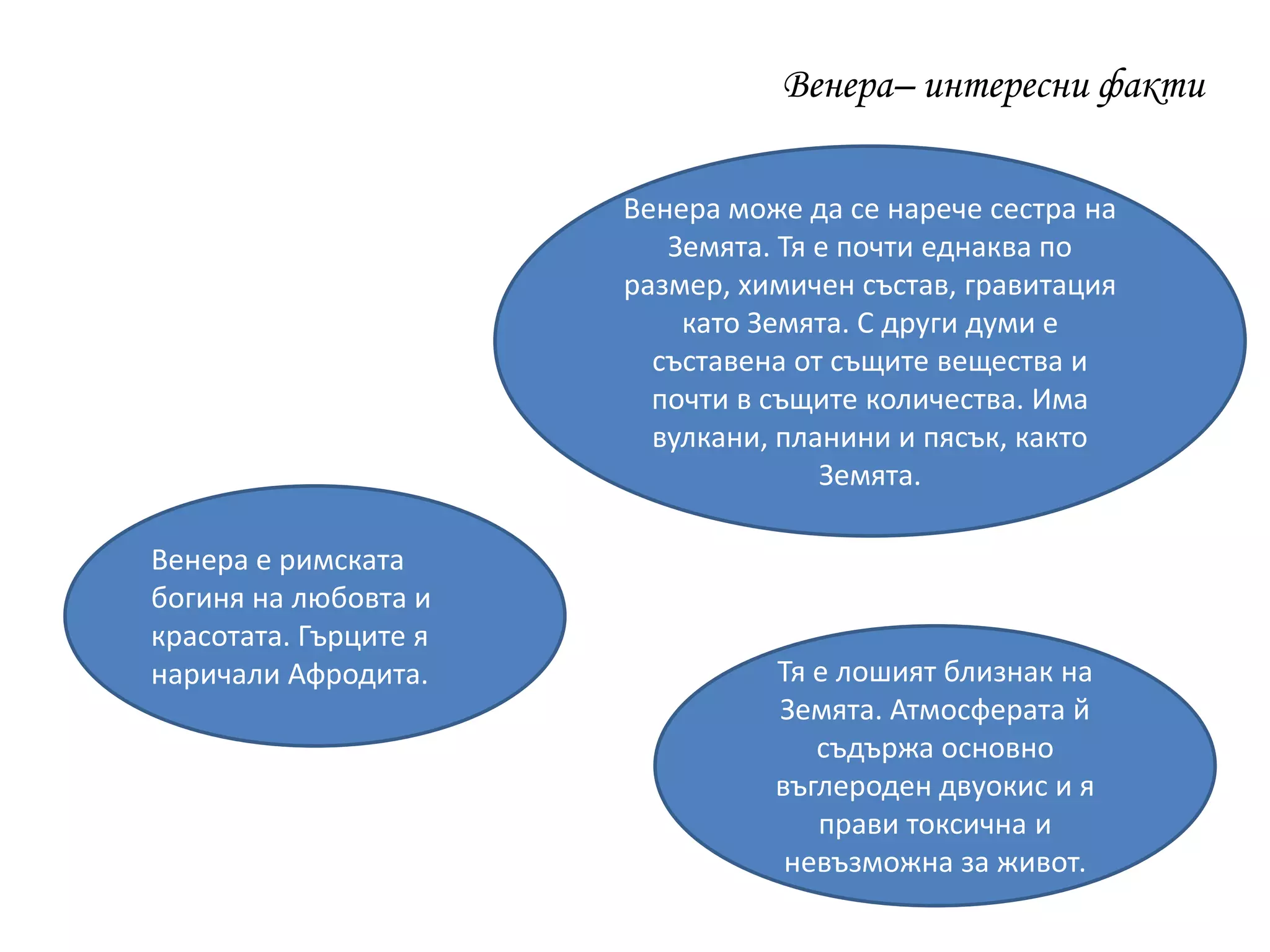 Венера– интересни факти
Венера е римската
богиня на любовта и
красотата. Гърците я
наричали Афродита.
Венера може да се нарече сестра на
Земята. Тя е почти еднаква по
размер, химичен състав, гравитация
като Земята. С други думи е
съставена от същите вещества и
почти в същите количества. Има
вулкани, планини и пясък, както
Земята.
Тя е лошият близнак на
Земята. Атмосферата й
съдържа основно
въглероден двуокис и я
прави токсична и
невъзможна за живот.
 